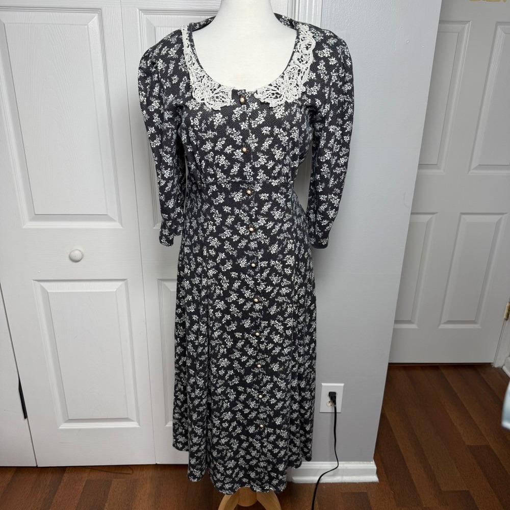 Paquette Too Vintage 80s Floral Modest Lace Collar Church Teacher Dress Black 10